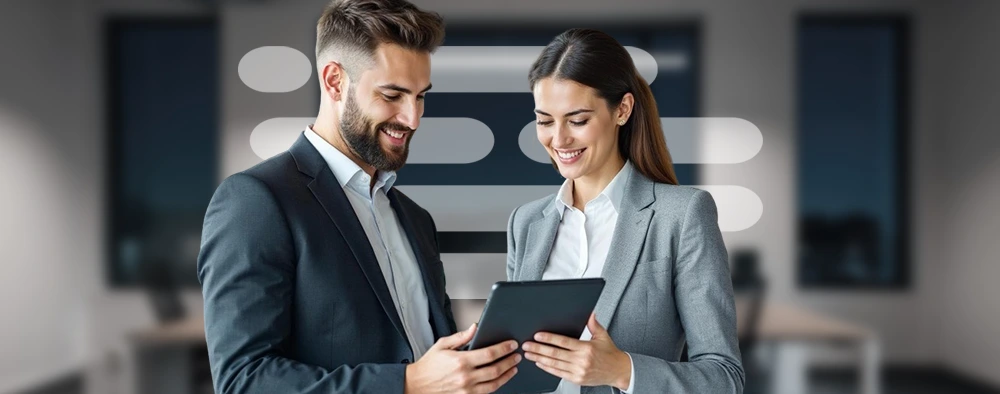 Dois profissionais de negócios revisando informações em um tablet em um escritório moderno, representando os profissionais do escritório do PLCA oferencendo soluções para seus clientes.